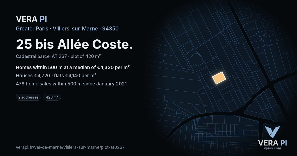 25 bis Allée Coste, Villiers-sur-Marne at night – the plot lit, the parcels around coloured by the prices near them