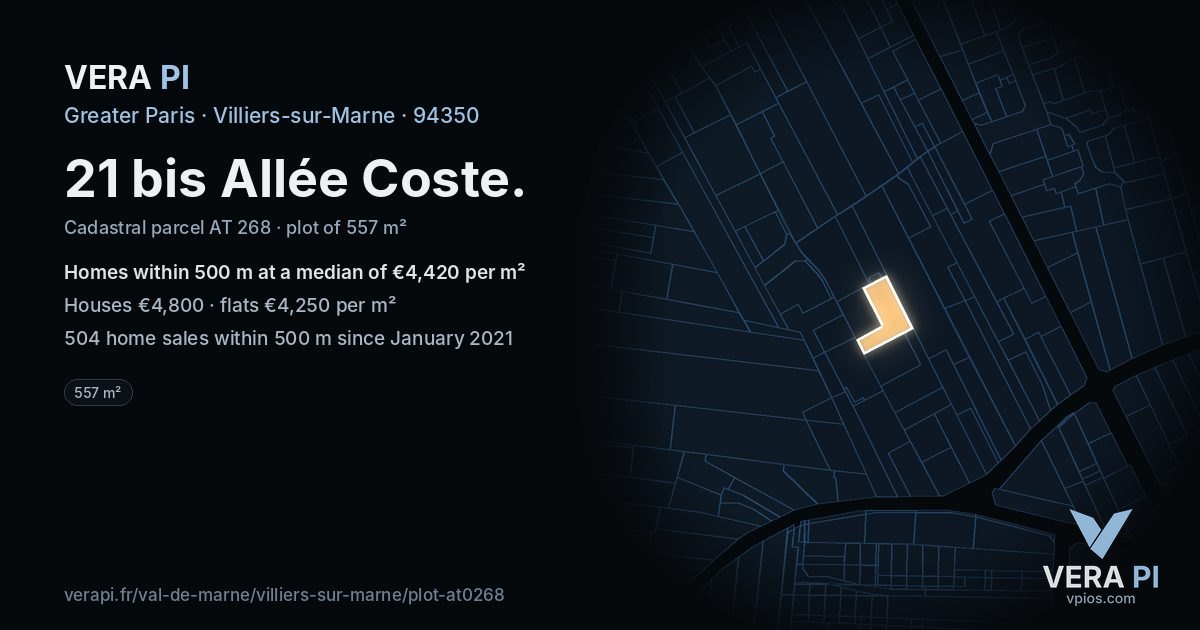 21 bis Allée Coste, Villiers-sur-Marne at night – the plot lit, the parcels around coloured by the prices near them