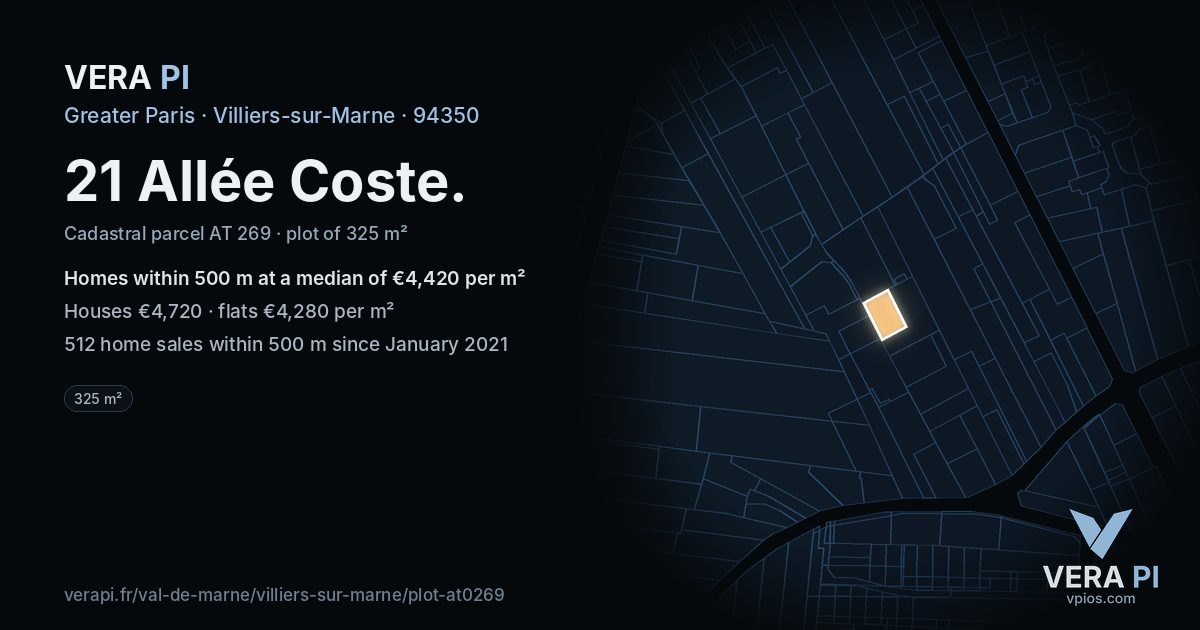 21 Allée Coste, Villiers-sur-Marne at night – the plot lit, the parcels around coloured by the prices near them