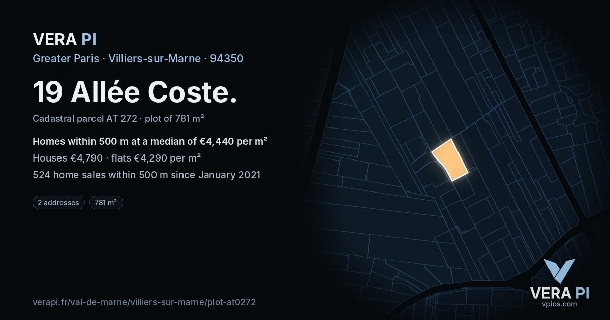 19 Allée Coste, Villiers-sur-Marne at night – the plot lit, the parcels around coloured by the prices near them