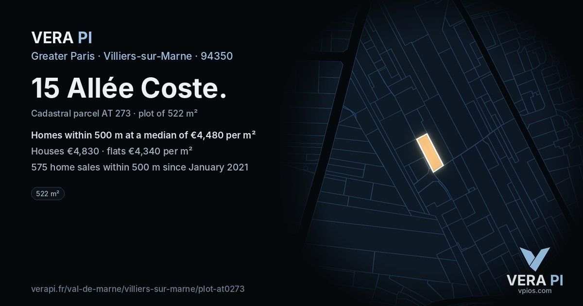 15 Allée Coste, Villiers-sur-Marne at night – the plot lit, the parcels around coloured by the prices near them