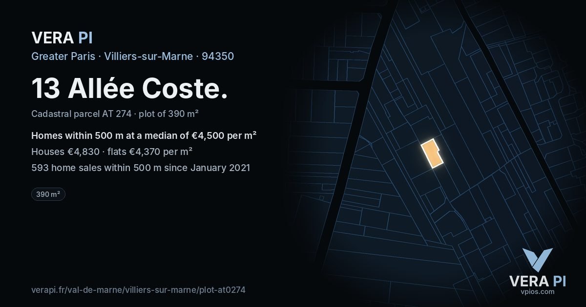 13 Allée Coste, Villiers-sur-Marne at night – the plot lit, the parcels around coloured by the prices near them