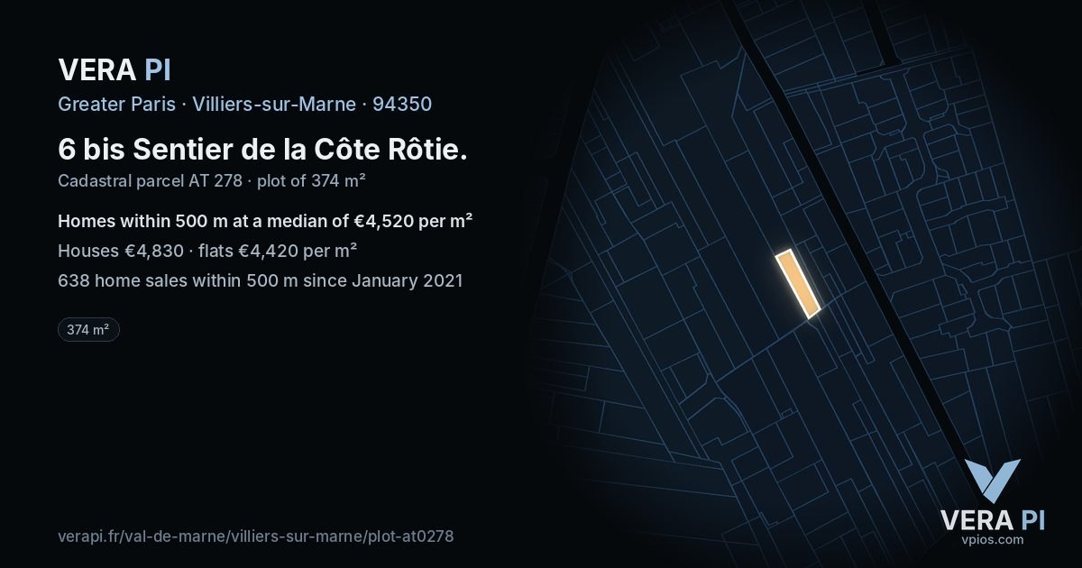 6 bis Sentier de la Côte Rôtie, Villiers-sur-Marne at night – the plot lit, the parcels around coloured by the prices near them