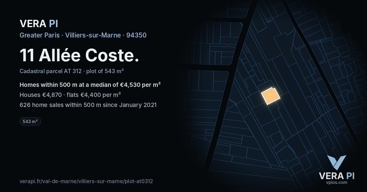 11 Allée Coste, Villiers-sur-Marne at night – the plot lit, the parcels around coloured by the prices near them