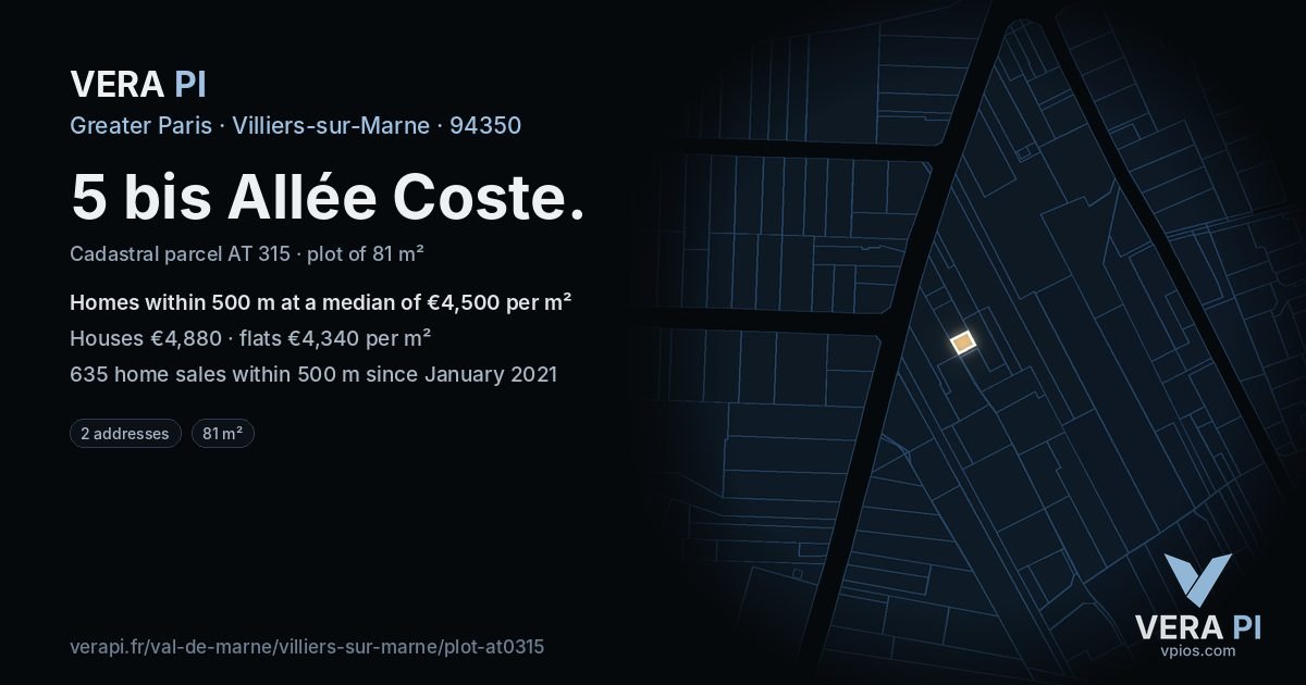 5 bis Allée Coste, Villiers-sur-Marne at night – the plot lit, the parcels around coloured by the prices near them