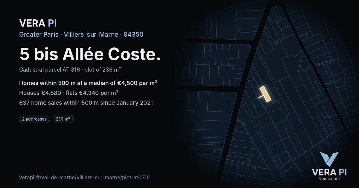 5 bis Allée Coste, Villiers-sur-Marne at night – the plot lit, the parcels around coloured by the prices near them