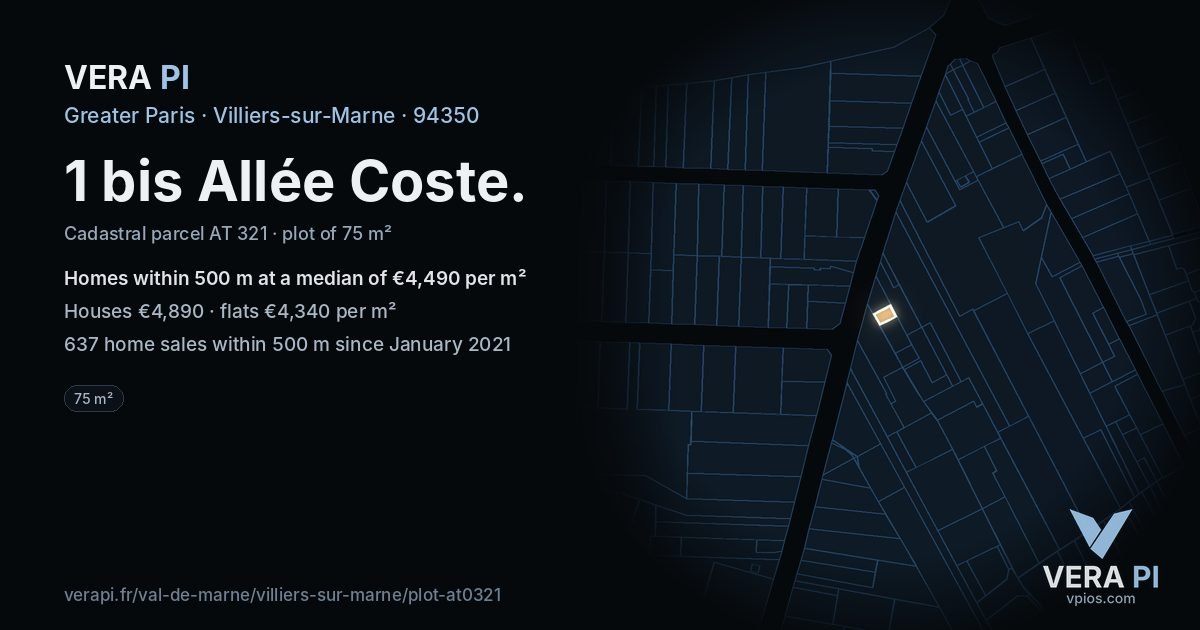 1 bis Allée Coste, Villiers-sur-Marne at night – the plot lit, the parcels around coloured by the prices near them