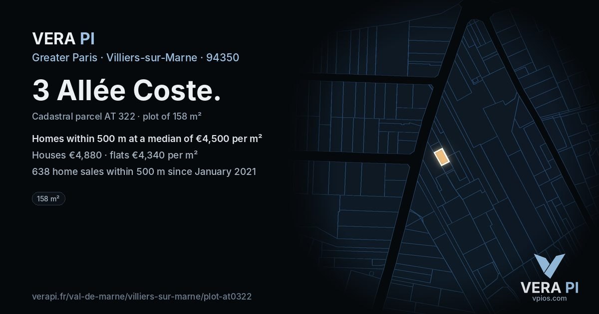 3 Allée Coste, Villiers-sur-Marne at night – the plot lit, the parcels around coloured by the prices near them