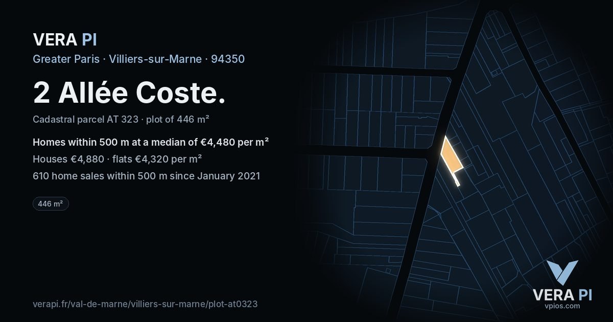 2 Allée Coste, Villiers-sur-Marne at night – the plot lit, the parcels around coloured by the prices near them