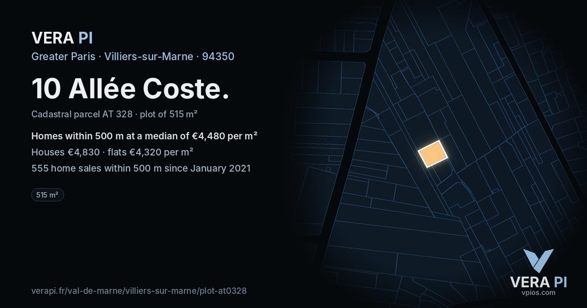 10 Allée Coste, Villiers-sur-Marne at night – the plot lit, the parcels around coloured by the prices near them