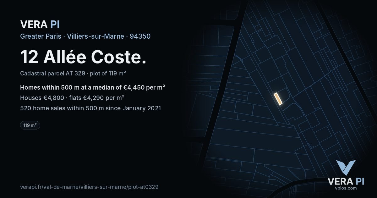 12 Allée Coste, Villiers-sur-Marne at night – the plot lit, the parcels around coloured by the prices near them