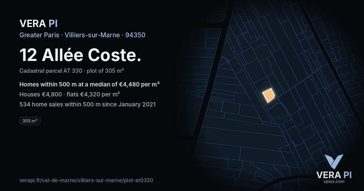12 Allée Coste, Villiers-sur-Marne at night – the plot lit, the parcels around coloured by the prices near them