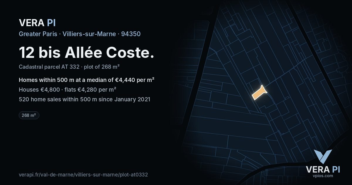 12 bis Allée Coste, Villiers-sur-Marne at night – the plot lit, the parcels around coloured by the prices near them