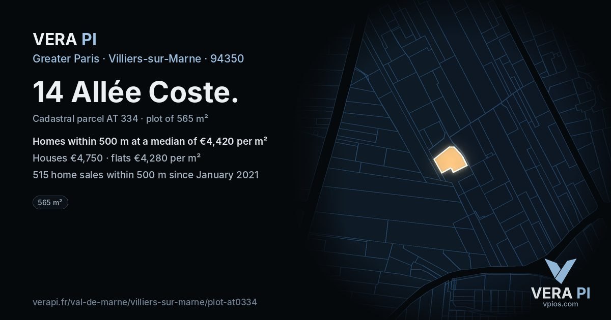 14 Allée Coste, Villiers-sur-Marne at night – the plot lit, the parcels around coloured by the prices near them