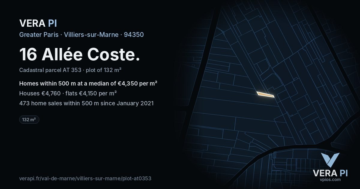 16 Allée Coste, Villiers-sur-Marne at night – the plot lit, the parcels around coloured by the prices near them
