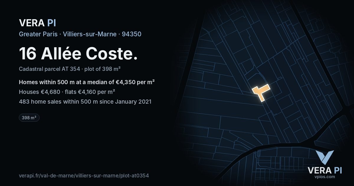 16 Allée Coste, Villiers-sur-Marne at night – the plot lit, the parcels around coloured by the prices near them