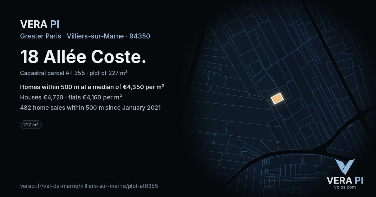 18 Allée Coste, Villiers-sur-Marne at night – the plot lit, the parcels around coloured by the prices near them
