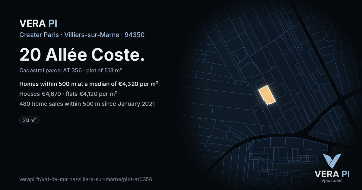 20 Allée Coste, Villiers-sur-Marne at night – the plot lit, the parcels around coloured by the prices near them