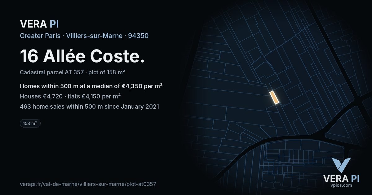16 Allée Coste, Villiers-sur-Marne at night – the plot lit, the parcels around coloured by the prices near them