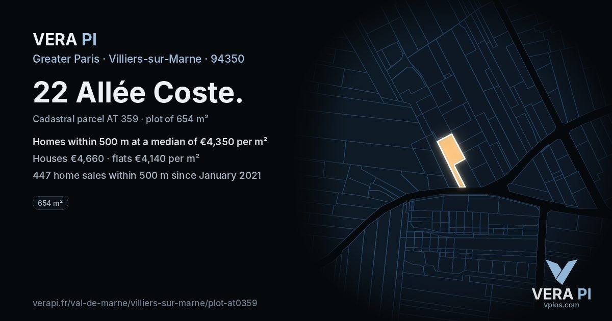 22 Allée Coste, Villiers-sur-Marne at night – the plot lit, the parcels around coloured by the prices near them