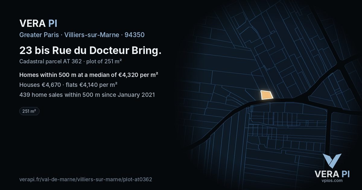 23 bis Rue du Docteur Bring, Villiers-sur-Marne at night – the plot lit, the parcels around coloured by the prices near them