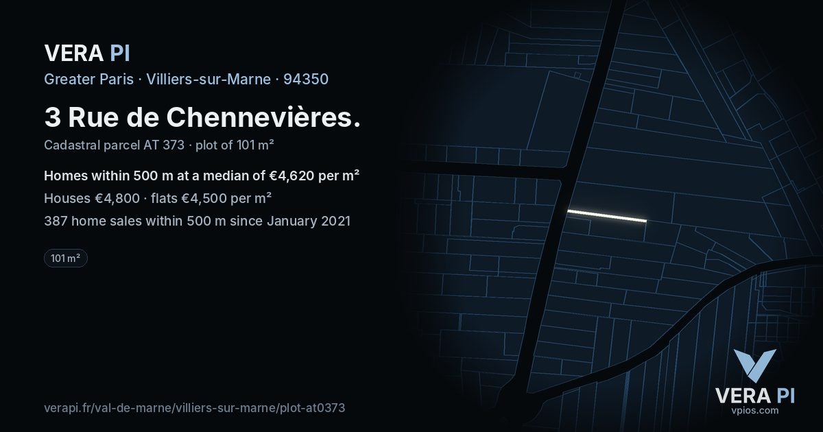 3 Rue de Chennevières, Villiers-sur-Marne at night – the plot lit, the parcels around coloured by the prices near them