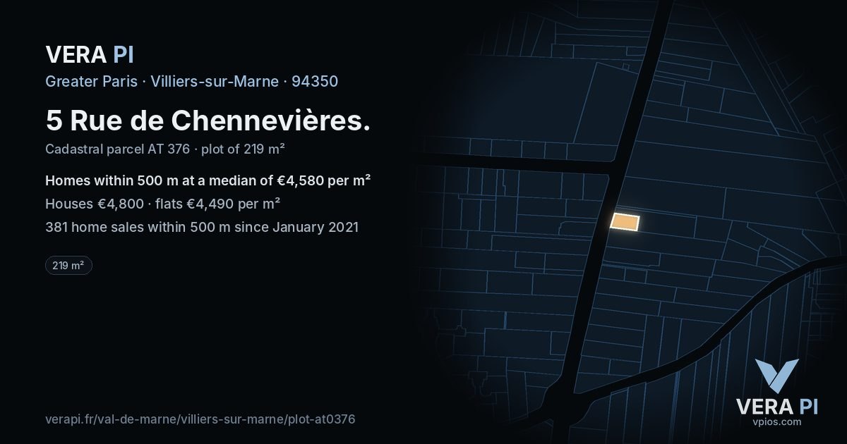 5 Rue de Chennevières, Villiers-sur-Marne at night – the plot lit, the parcels around coloured by the prices near them