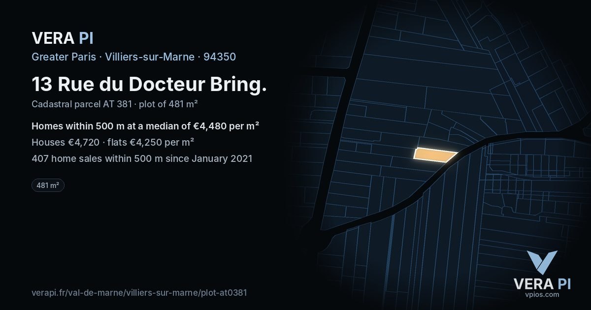 13 Rue du Docteur Bring, Villiers-sur-Marne at night – the plot lit, the parcels around coloured by the prices near them