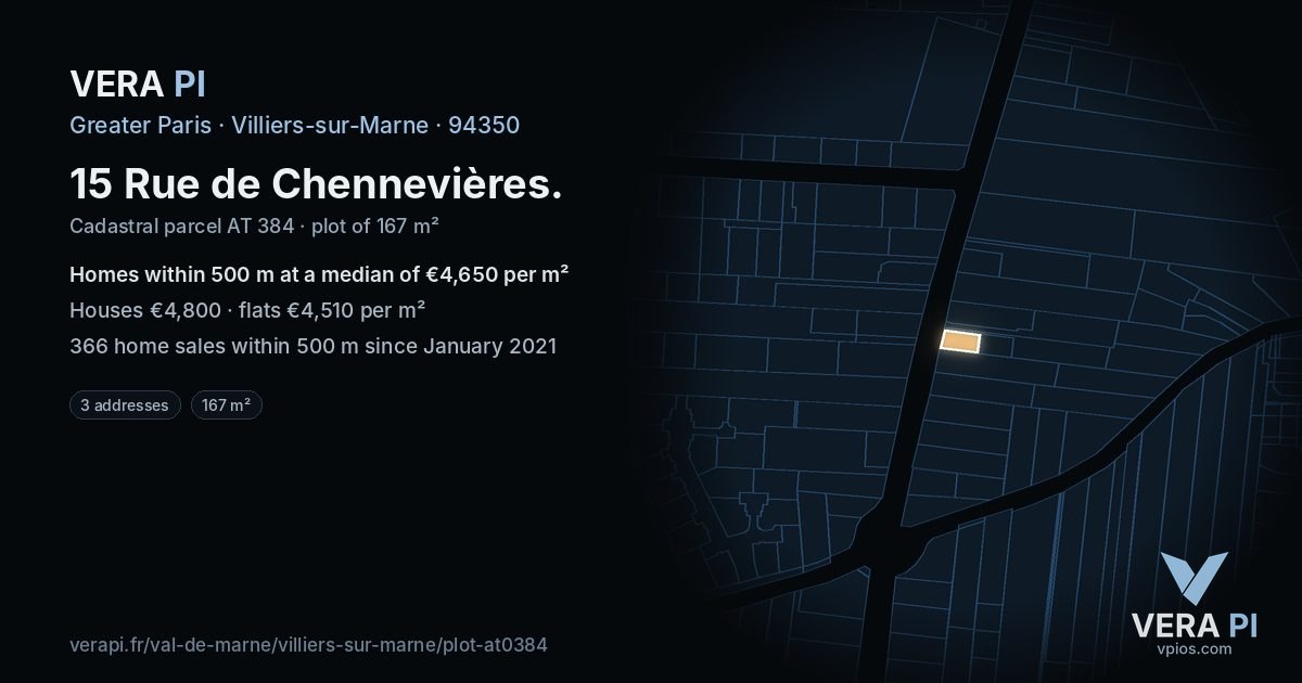 15 Rue de Chennevières, Villiers-sur-Marne at night – the plot lit, the parcels around coloured by the prices near them