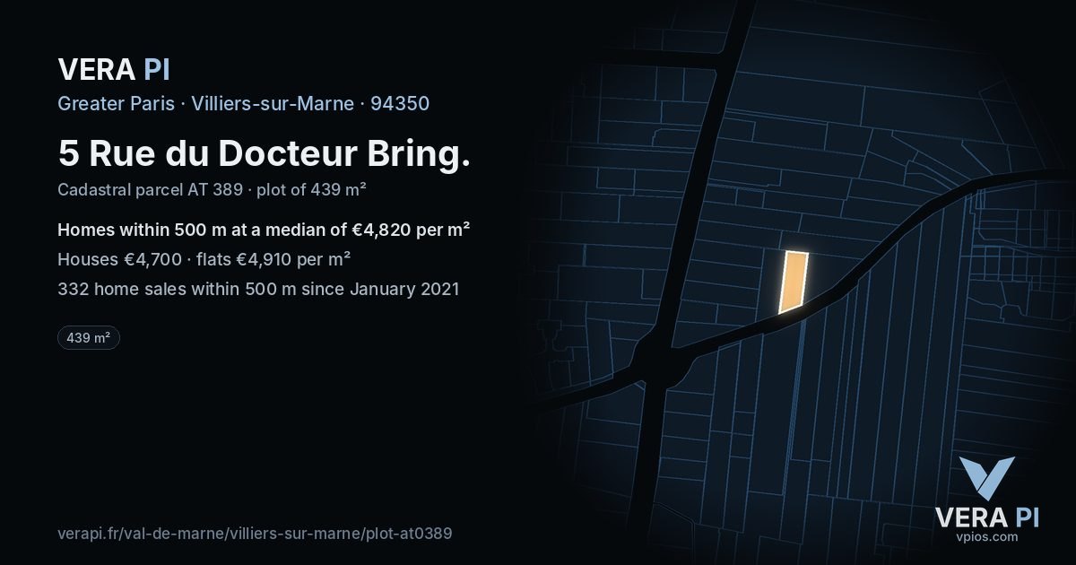 5 Rue du Docteur Bring, Villiers-sur-Marne at night – the plot lit, the parcels around coloured by the prices near them