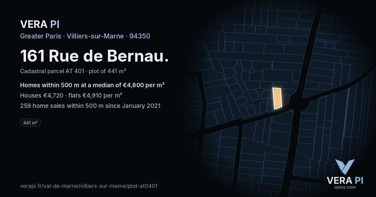 161 Rue de Bernau, Villiers-sur-Marne at night – the plot lit, the parcels around coloured by the prices near them