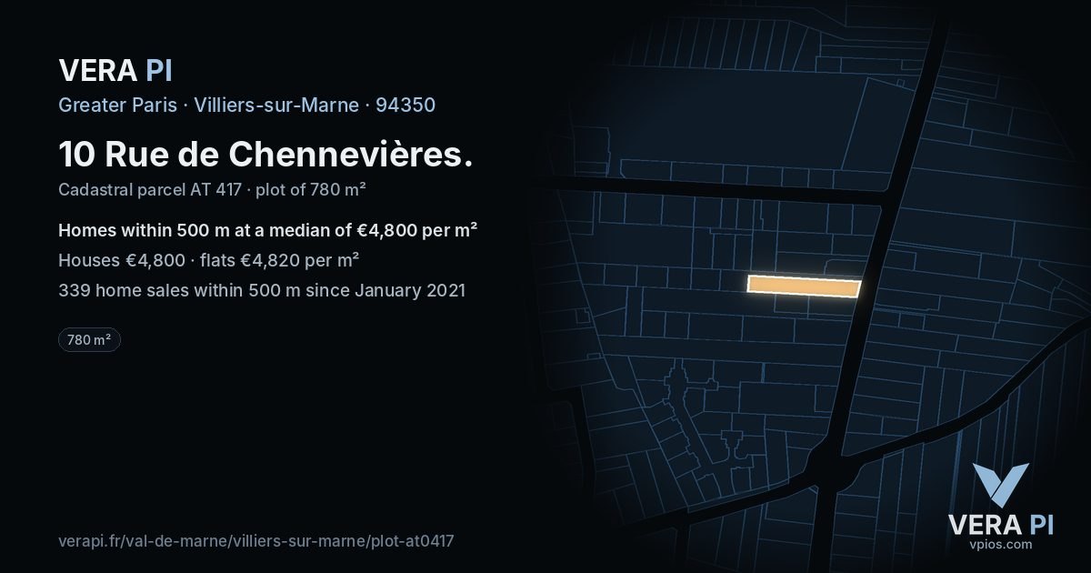 10 Rue de Chennevières, Villiers-sur-Marne at night – the plot lit, the parcels around coloured by the prices near them