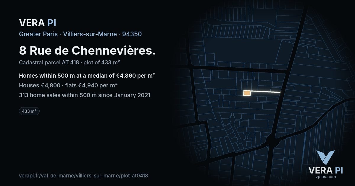 8 Rue de Chennevières, Villiers-sur-Marne at night – the plot lit, the parcels around coloured by the prices near them