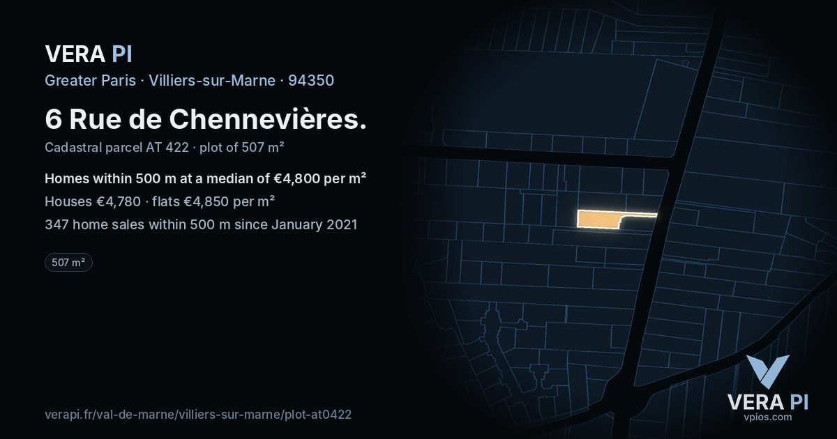 6 Rue de Chennevières, Villiers-sur-Marne at night – the plot lit, the parcels around coloured by the prices near them