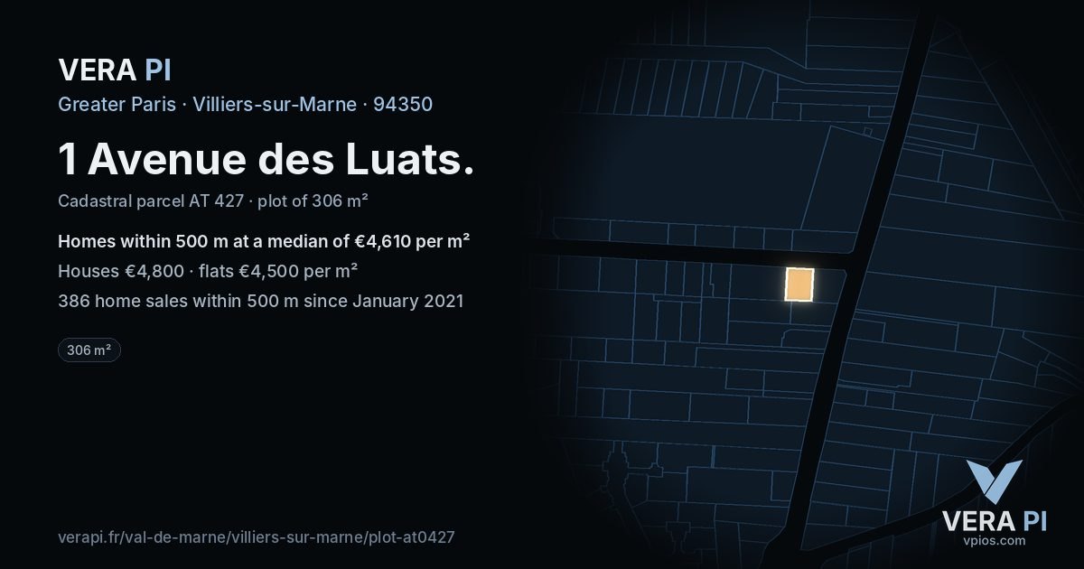 1 Avenue des Luats, Villiers-sur-Marne at night – the plot lit, the parcels around coloured by the prices near them