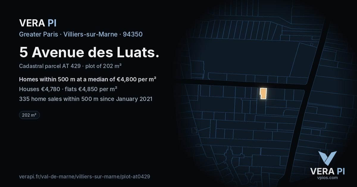 5 Avenue des Luats, Villiers-sur-Marne at night – the plot lit, the parcels around coloured by the prices near them