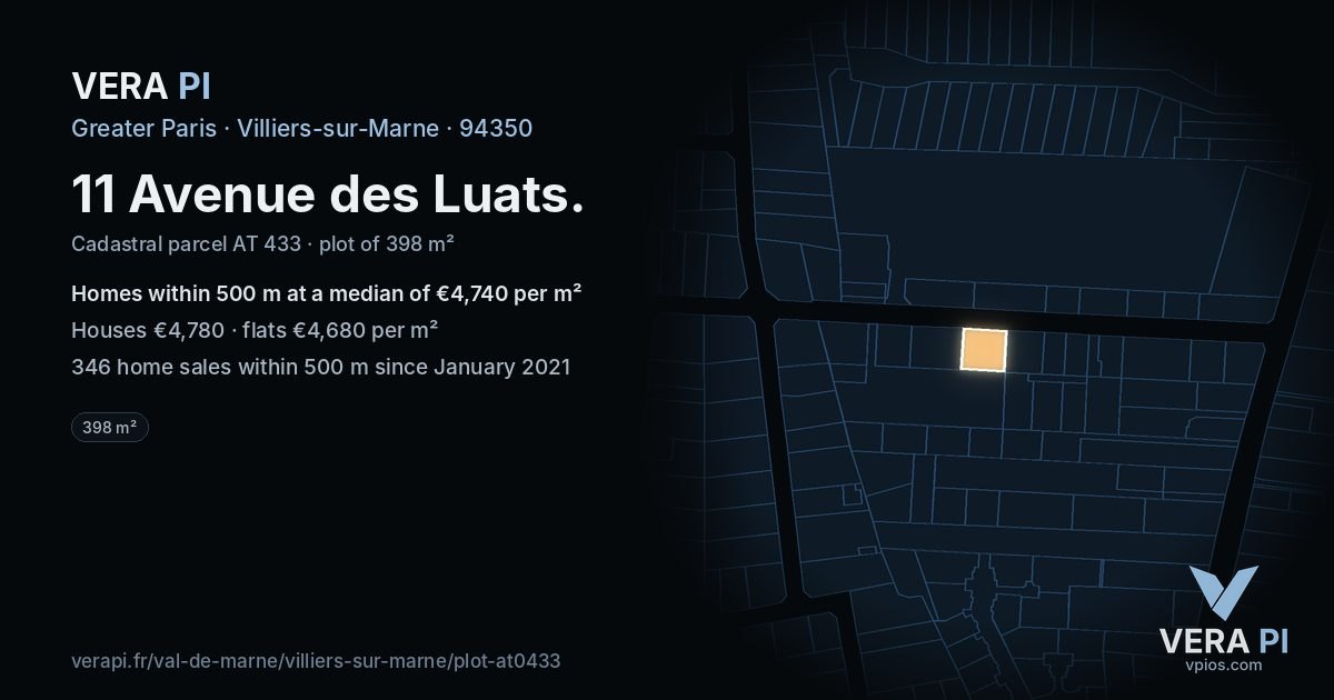 11 Avenue des Luats, Villiers-sur-Marne at night – the plot lit, the parcels around coloured by the prices near them