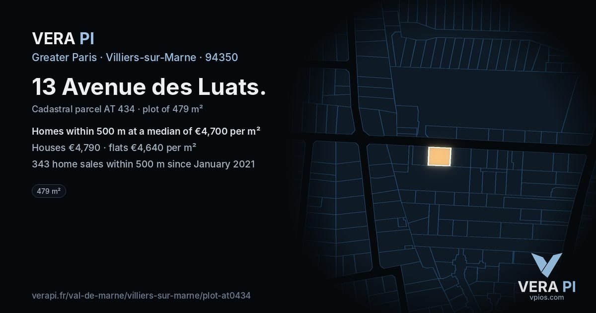 13 Avenue des Luats, Villiers-sur-Marne at night – the plot lit, the parcels around coloured by the prices near them