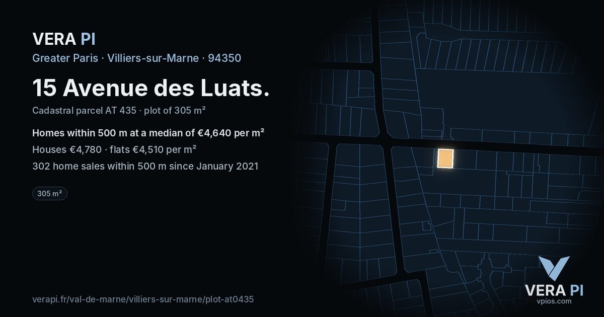 15 Avenue des Luats, Villiers-sur-Marne at night – the plot lit, the parcels around coloured by the prices near them