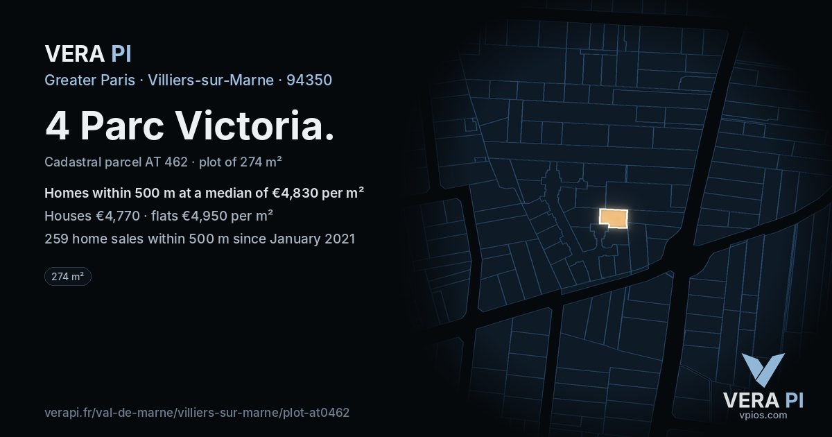4 Parc Victoria, Villiers-sur-Marne at night – the plot lit, the parcels around coloured by the prices near them