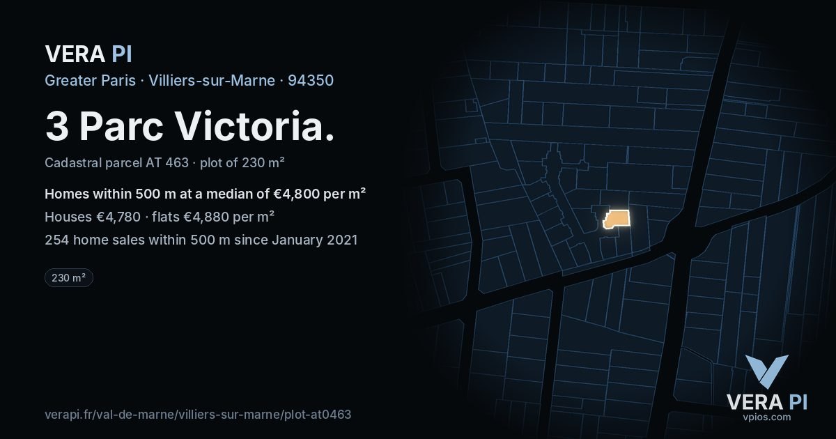 3 Parc Victoria, Villiers-sur-Marne at night – the plot lit, the parcels around coloured by the prices near them