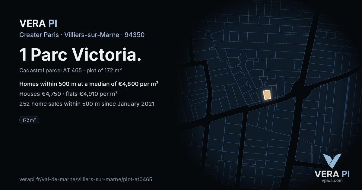 1 Parc Victoria, Villiers-sur-Marne at night – the plot lit, the parcels around coloured by the prices near them