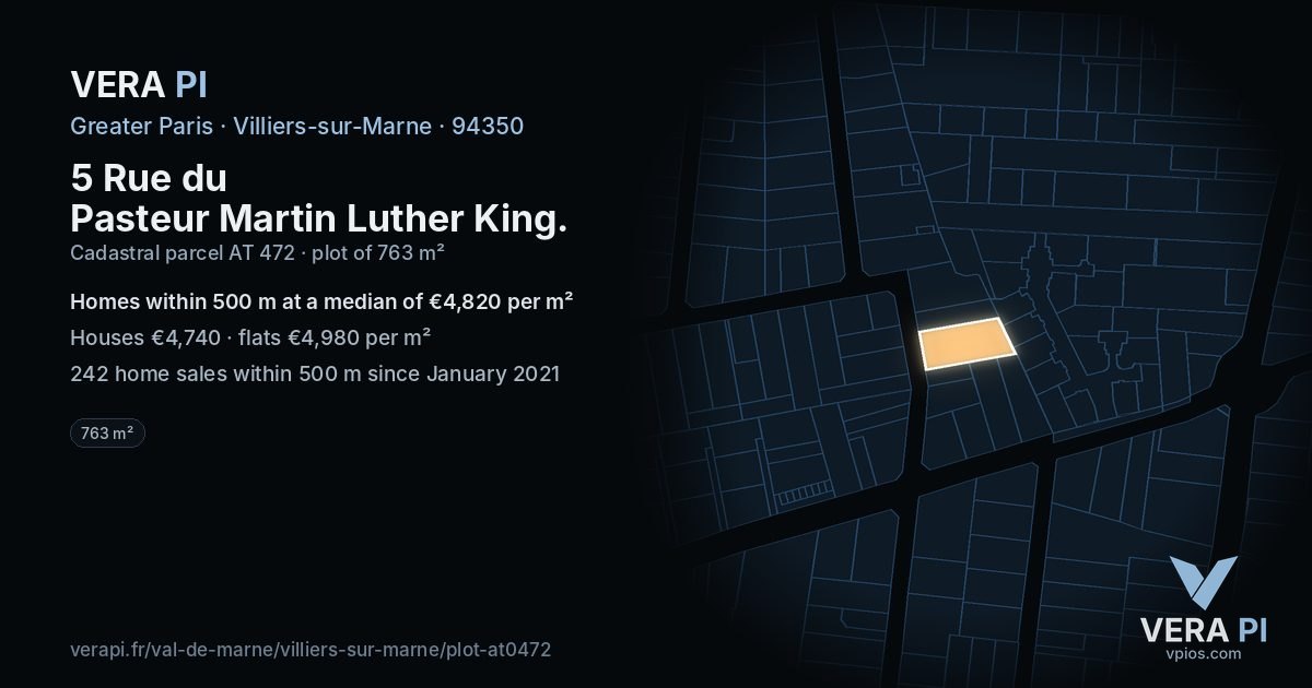 5 Rue du Pasteur Martin Luther King, Villiers-sur-Marne at night – the plot lit, the parcels around coloured by the prices near them