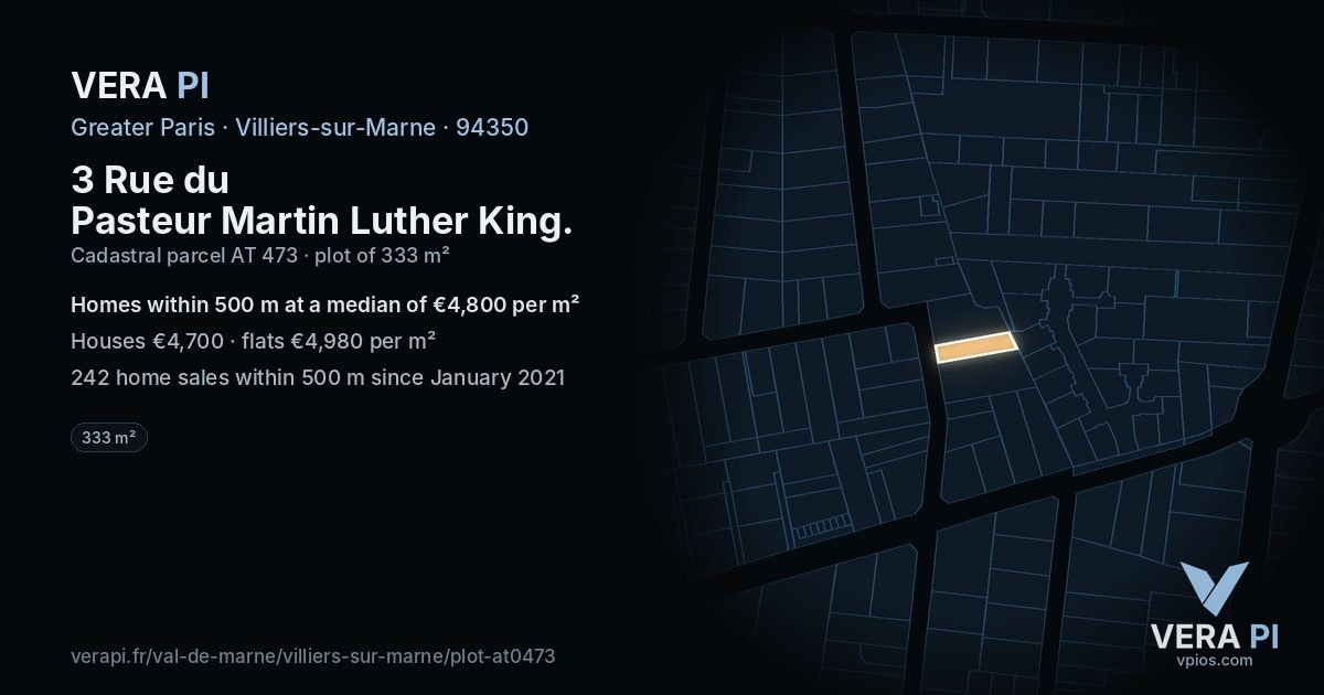 3 Rue du Pasteur Martin Luther King, Villiers-sur-Marne at night – the plot lit, the parcels around coloured by the prices near them