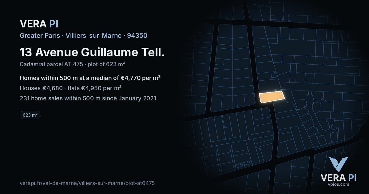 13 Avenue Guillaume Tell, Villiers-sur-Marne at night – the plot lit, the parcels around coloured by the prices near them