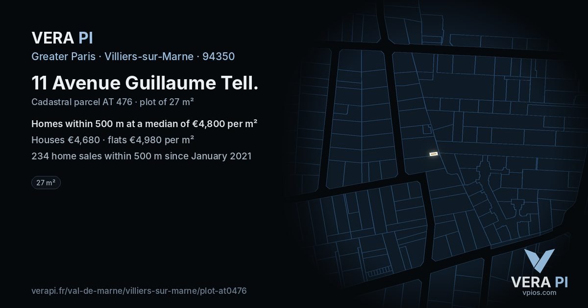 11 Avenue Guillaume Tell, Villiers-sur-Marne at night – the plot lit, the parcels around coloured by the prices near them