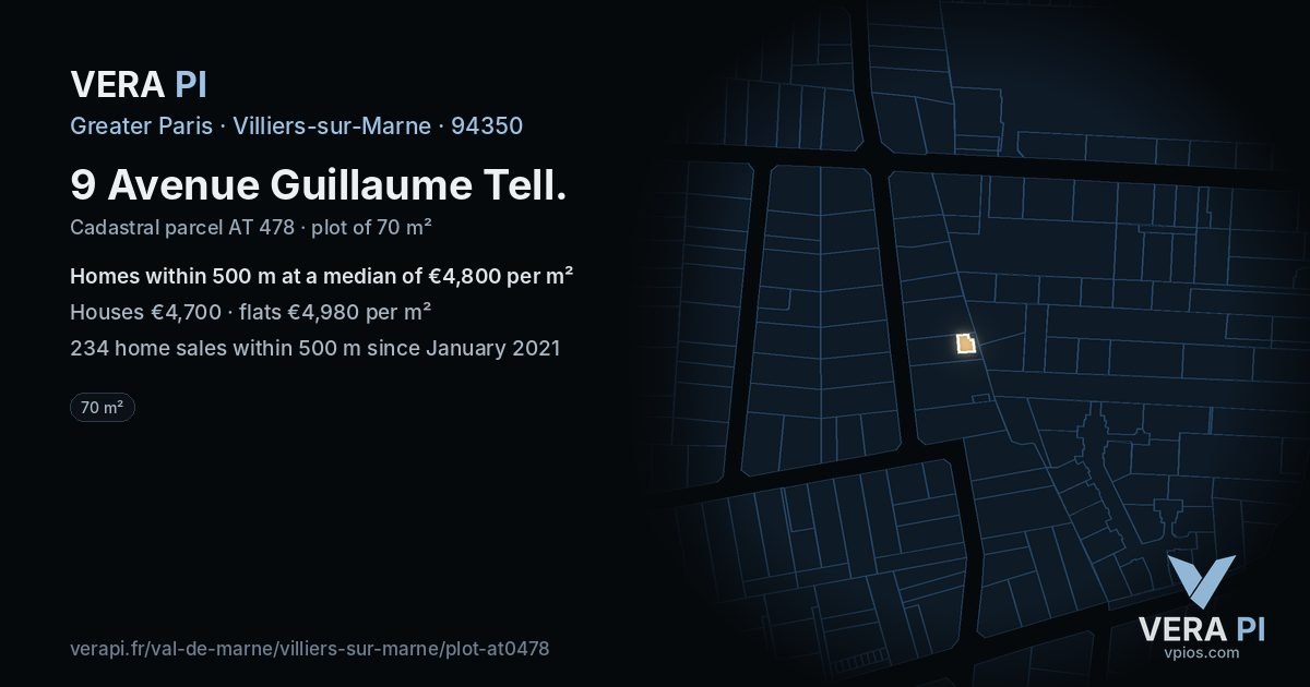 9 Avenue Guillaume Tell, Villiers-sur-Marne at night – the plot lit, the parcels around coloured by the prices near them