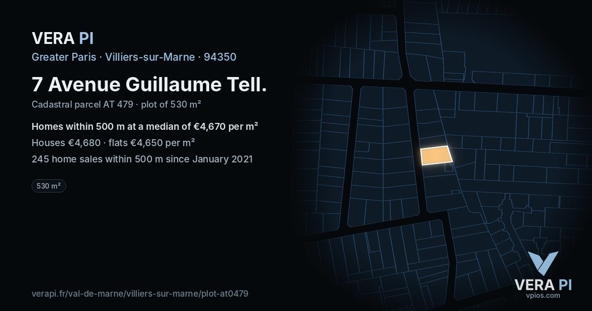 7 Avenue Guillaume Tell, Villiers-sur-Marne at night – the plot lit, the parcels around coloured by the prices near them