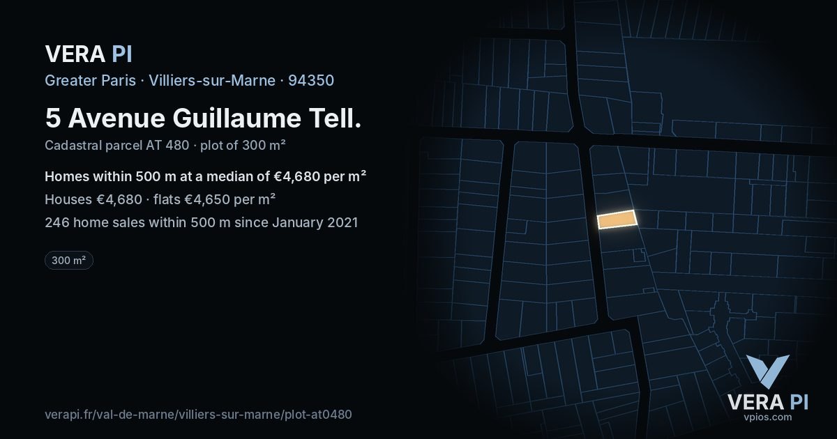 5 Avenue Guillaume Tell, Villiers-sur-Marne at night – the plot lit, the parcels around coloured by the prices near them