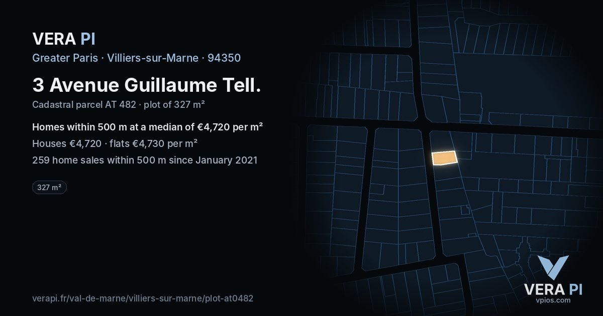 3 Avenue Guillaume Tell, Villiers-sur-Marne at night – the plot lit, the parcels around coloured by the prices near them